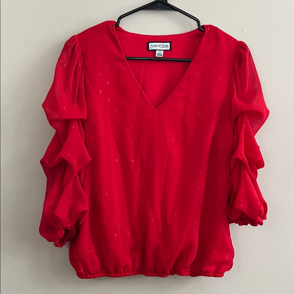 Sam & Jess Marie v-neck red ruffled 3/4 sleeve blouse size large petite new